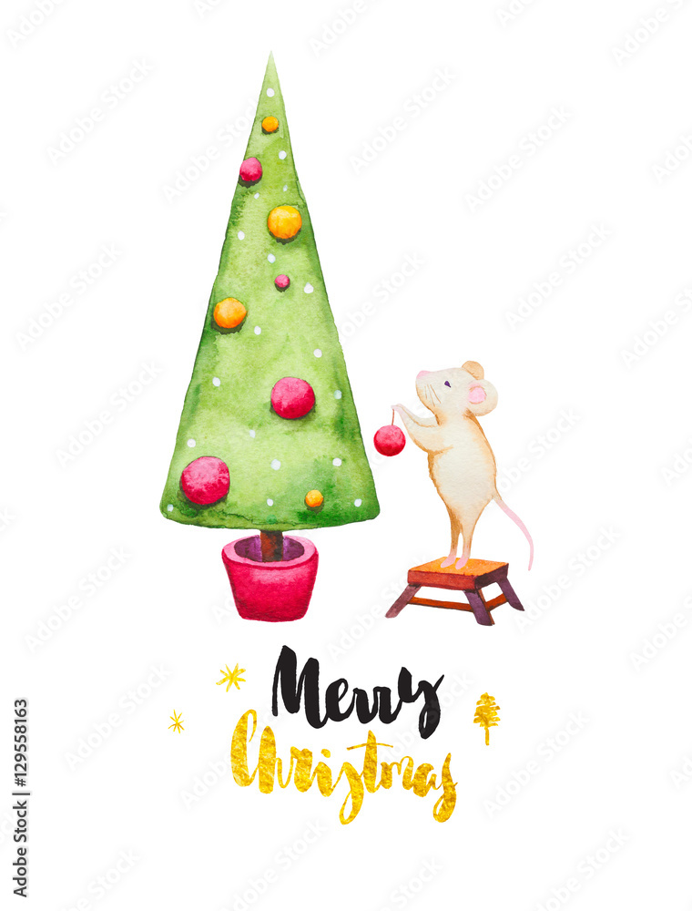 Christmas greeting card with tree and cute mouse on a white background and lettering Christmas greeting card with tree and cute mouse on a white background and lettering
