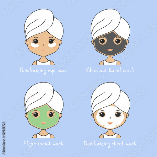 Beautiful woman making cosmetic procedures. Facial mask with charcoal, algae. Eye pads, moisturizing sheet . Icons set. Cartoon girl fixing skin problems. Vector illustration. Spa beauty theme