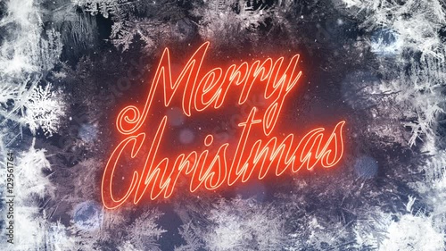 Merry Christmas red neon animation with falling snow / Loop
