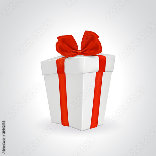 White gift box with red ribbon.