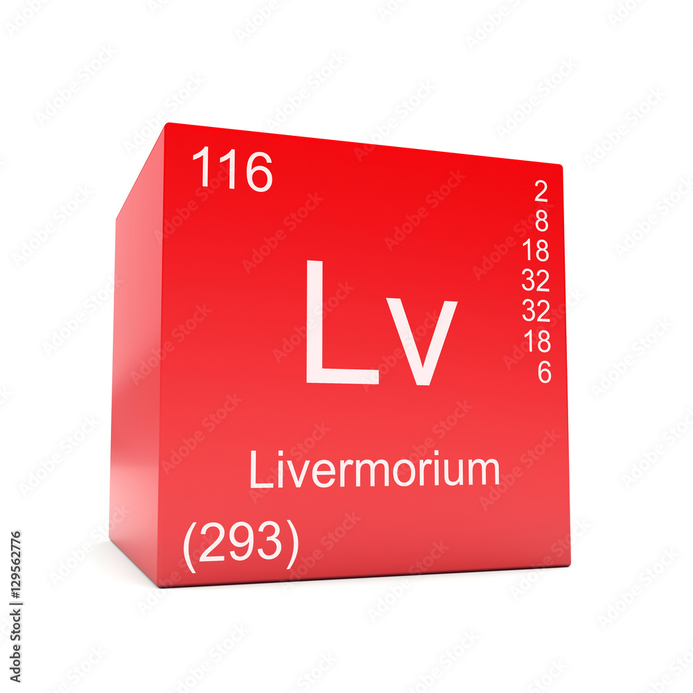 Livermorium chemical element symbol from the periodic table displayed on red cube Livermorium chemical element symbol from the periodic table displayed on red cube