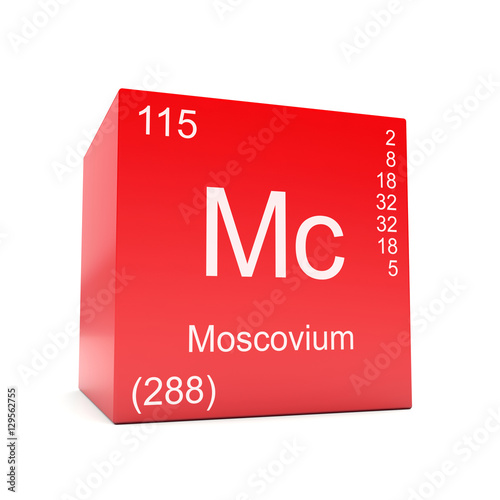 Moscovium chemical element symbol from the periodic table displayed on red cube