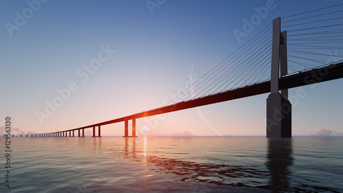Bridge with sunset and big moon. 3D render © zozulinskyi