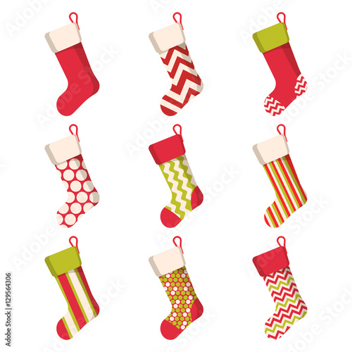 Christmas stocking set isolated on white background. Holiday Santa Claus winter socks for gifts. Cartoon decorated present sock. Vector.