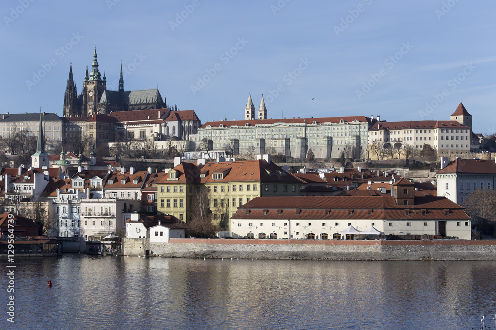 Autumn Lesser Town of Prague with gothic Castle above River Vltava, Czech Republic