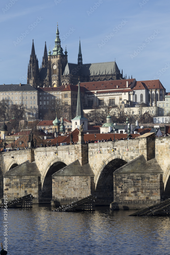 Autumn Lesser Town of Prague with gothic Castle and Charles Bridge, Czech Republic