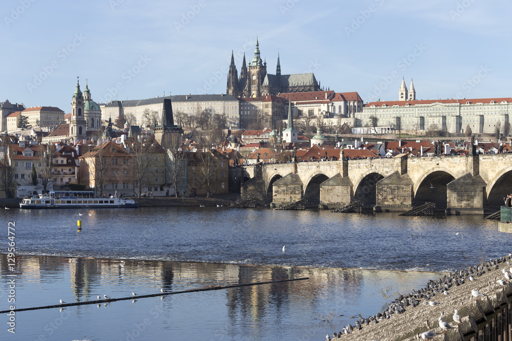 Autumn Lesser Town of Prague with gothic Castle and Charles Bridge, Czech Republic