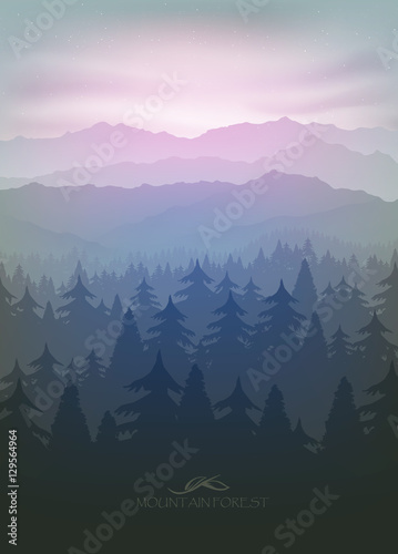 mountain forest in fog and sunrise