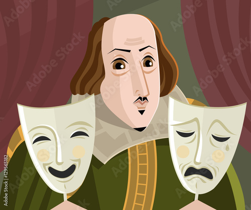 great english playwriter with sad and happy theater masks