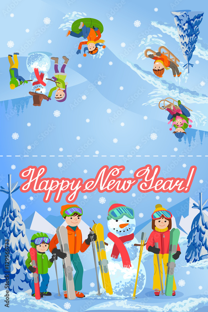 Obraz premium Vector illustration of new year congratulation card with winter landscape happy family playing snowman, skiing, sleding walking outdoor.