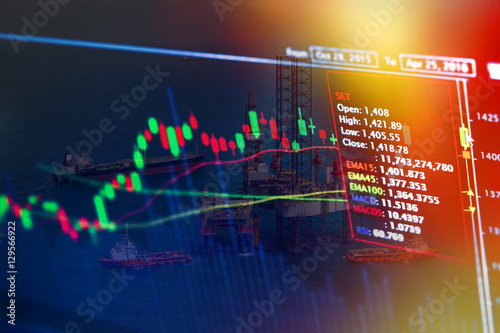 Stock market concept with oil rig in the gulf background,Double exposure,Energy crisis.