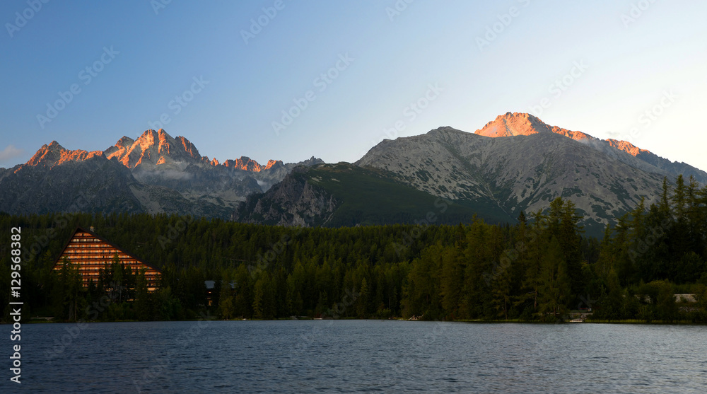Mountain lake Strbske pleso in National Park High Tatras at sunset, Slovakia, Europe