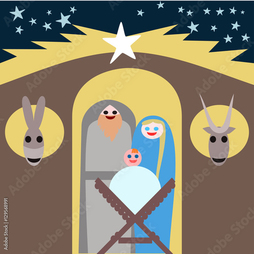 Holy family with Joseph, Mary, Jesus child, ox and donkey in Bethlehem in cartoon style