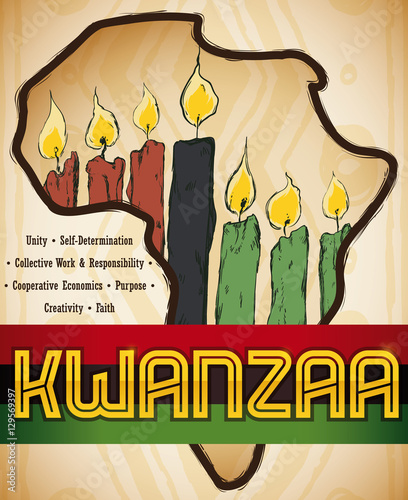 African Map with Candles and Flag for Kwanzaa Celebration, Vector Illustration photo