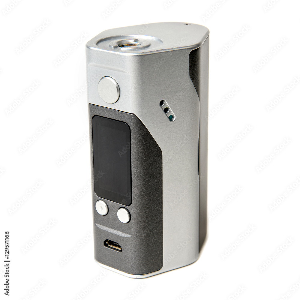 Vape. E-cigarette vaping box mod isolated. RDA. Rebuildable Dripping Atomizer. Vapor