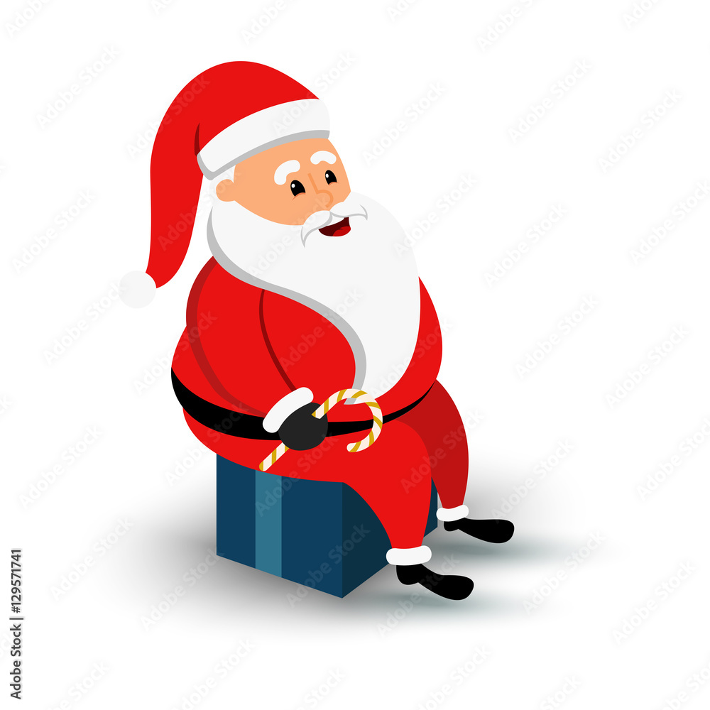 Christmas smiling Santa Claus character sitting on a blue big gift box. Cartoon bearded man in festive costume. Vector xmas illustration Christmas smiling Santa Claus character sitting on a blue big gift box. Cartoon bearded man in festive costume. Vector xmas illustration
