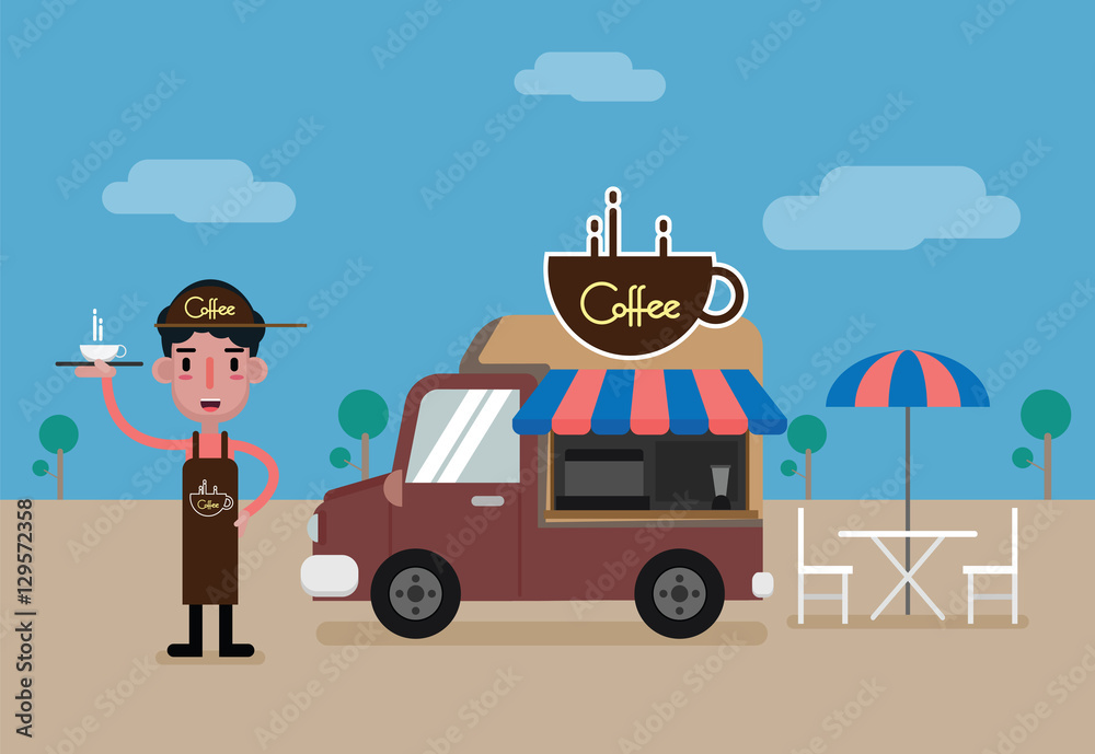 Barista man and coffee food truck. vector cartoon