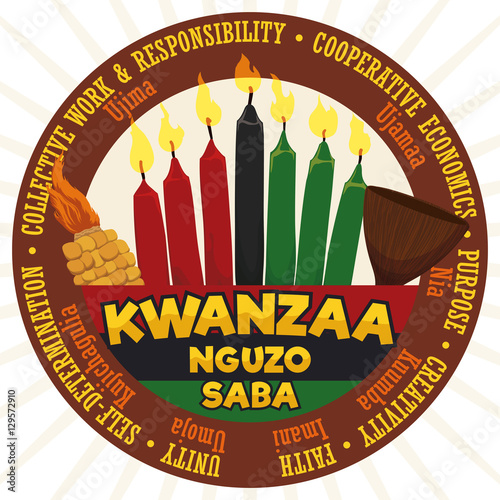 Round Label with Traditional Elements and Principles for Kwanzaa Celebration, Vector Illustration photo