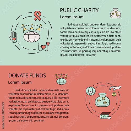 Charity and donation concept set for web banners, printed materials, infographics, websites. Creative icons in thin line flat design. Vector illustration eps10