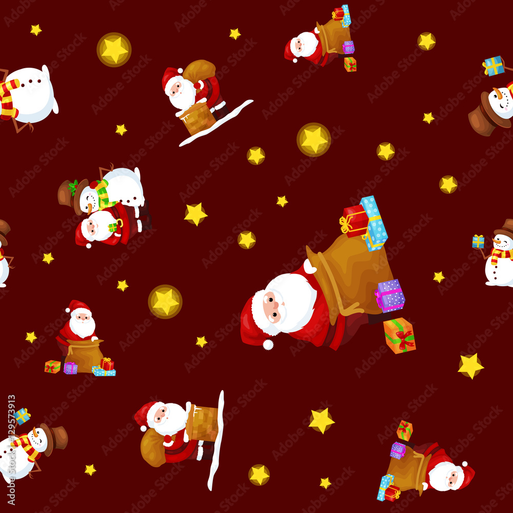 Naklejka premium Seamless pattern Merry Christmas and Happy New Year, Friends Santa Claus in hat with presents and snowman in scarf celebrate xmas, stars and winter gifts vector illustration