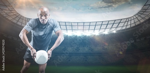 Composite image of portrait of rugby player throwing ball 3D