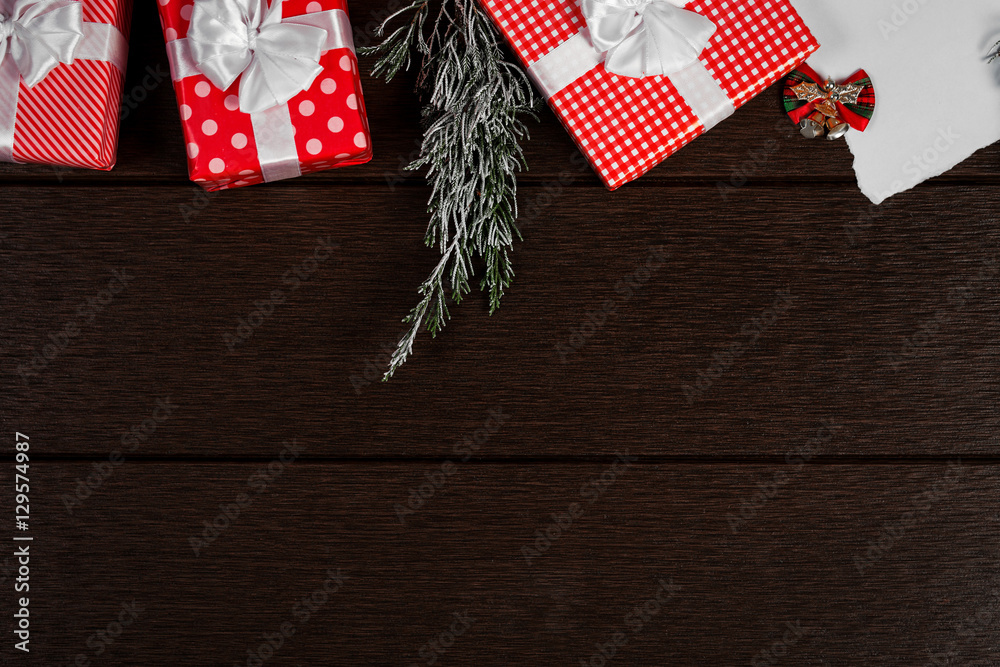 Holiday red christmas gift box background, Top view celebrate