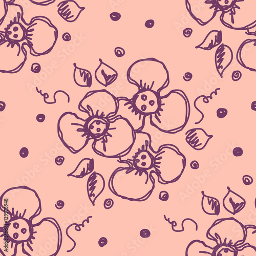 Seamless vector hand drawn seamless floral pattern. Pink background with flowers, leaves, dots. Decorative cute graphic drawn illustration. Template for background, wrapping, wallpaper.