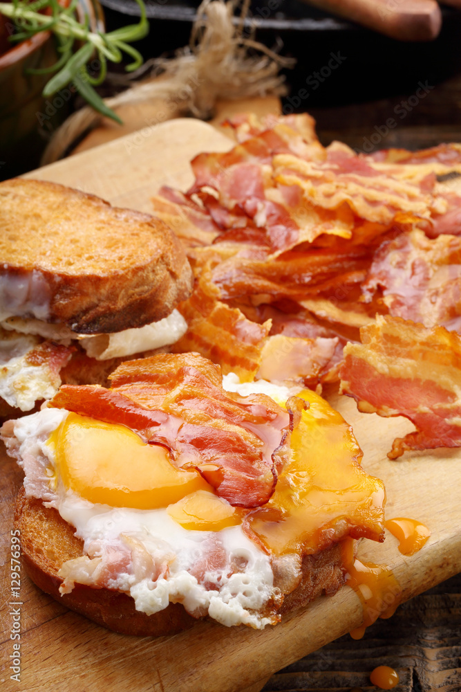 Sandwich with fried egg and hot bacon pieces on wooden backgroun Sandwich with fried egg and hot bacon pieces on wooden backgroun