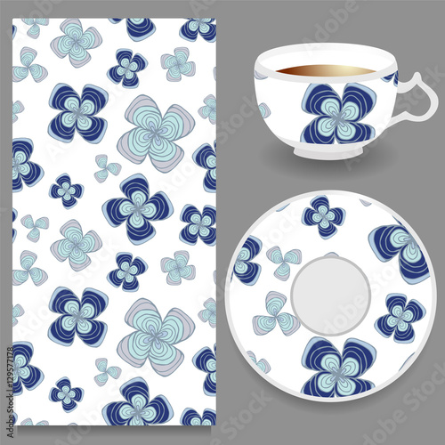 vector seamless orient floral pattern with cup and plate. russia