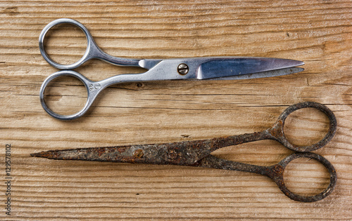 old tailor scissors  on the wooden background