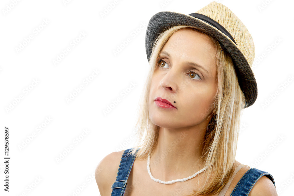 beautiful blond woman posing with summer hat beautiful blond woman posing with summer hat