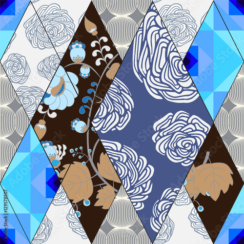 abstract seamless patchwork tile with floral ornament.arabic or