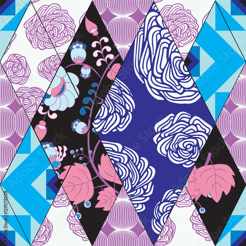 abstract seamless patchwork tile with floral ornament.arabic or