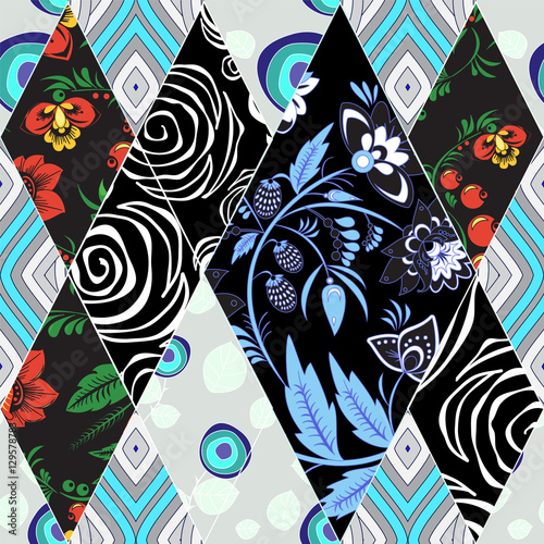 abstract seamless patchwork tile with floral ornament.arabic or