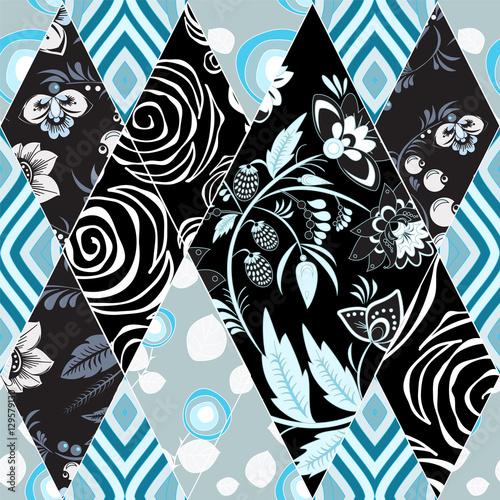 abstract seamless patchwork tile with floral ornament.arabic or