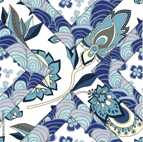 abstract seamless patchwork tile with floral ornament.arabic or