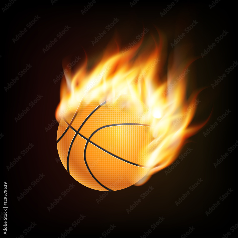 Basketball ball in fire 3D imitation. Fireball in flight. For your business project. Vector Illustration