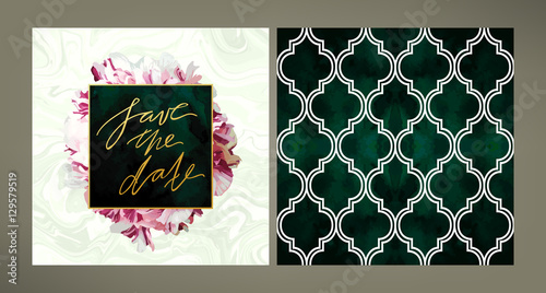 Set of trendy vector wedding invitation tempale and the same style pattern tile in emerald green shades. Peony petals, velvet, gold, marble textures.