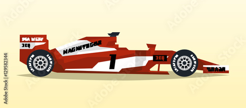 A racing bolide. Sport car. Quick transport. Powerful engine. Aerodynamic body. Tape off stickers of sponsors, inscriptions. A competitor, the Grand Prix. Side view, isolated on background.