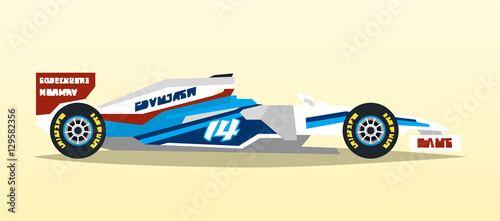 A racing bolide. Sport car. Quick transport. Powerful engine. Aerodynamic body. Tape off stickers of sponsors, inscriptions. A competitor, the Grand Prix. Side view, isolated on background.