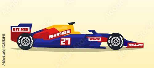 A racing bolide. Sport car. Quick transport. Powerful engine. Aerodynamic body. Tape off stickers of sponsors, inscriptions. A competitor, the Grand Prix. Side view, isolated on background.