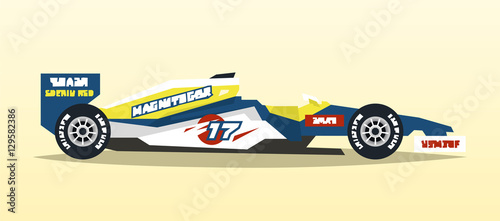 A racing bolide. Sport car. Quick transport. Powerful engine. Aerodynamic body. Tape off stickers of sponsors, inscriptions. A competitor, the Grand Prix. Side view, isolated on background.
