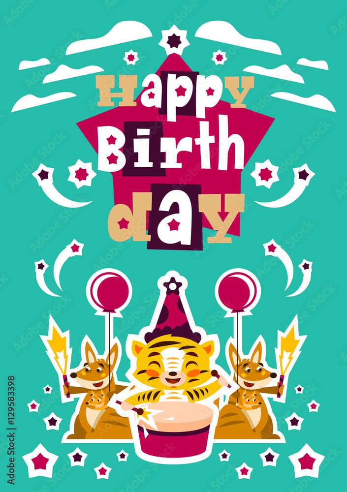 Greeting card happy birthday. Designed for printing invitations, wishes. Lion Drumming. Kangaroo and her baby. Squib. Balloon explosion, fireworks, stars. Vector illustration Greeting card happy birthday. Designed for printing invitations, wishes. Lion Drumming. Kangaroo and her baby. Squib. Balloon explosion, fireworks, stars. Vector illustration