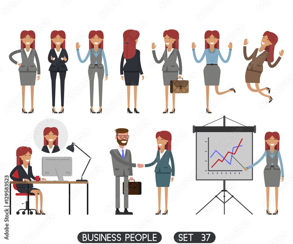 Working people on white background. Vector illustration. Different movements. Create a scene. Business people set 37.