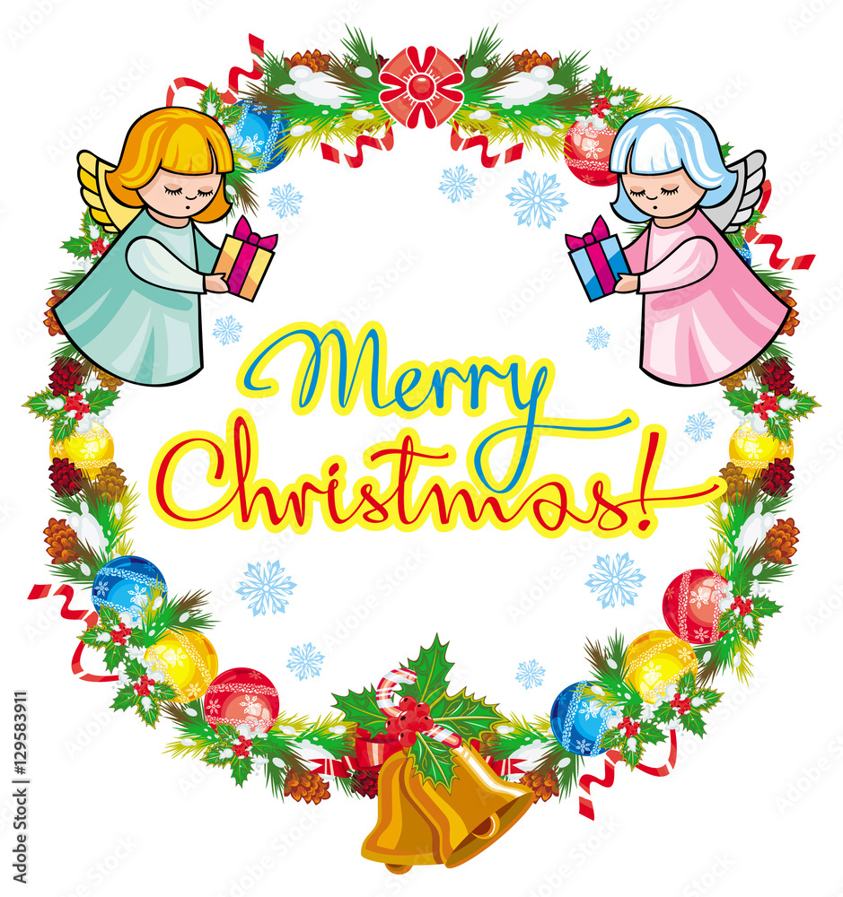 Obraz premium Round holiday label with angels and greeting text 