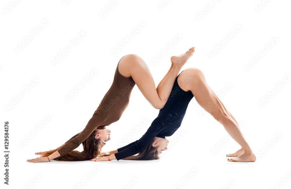 Fototapeta premium Two young women doing yoga asana Downward Facing Dog