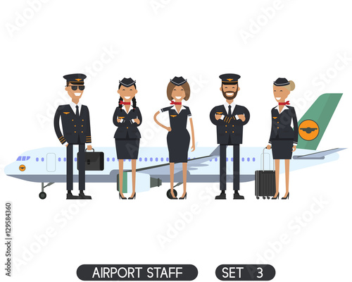 Airport staff set 3. Stewardesses, pilots, flight attendants standing isolated 
on a white background. Aircraft. Flat.