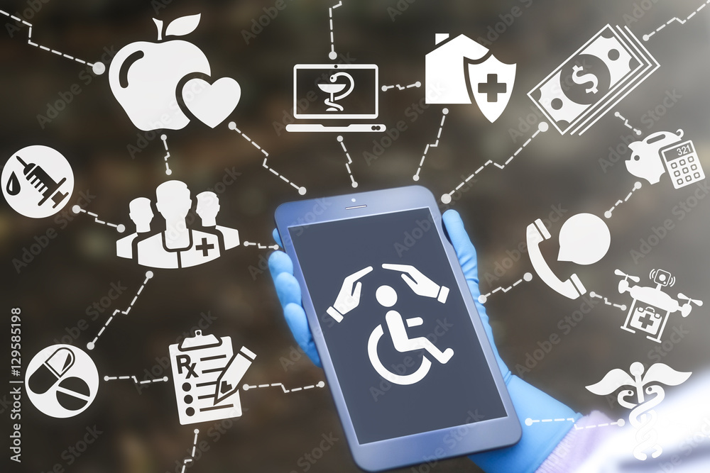 Medical health care invalid wheelchair insurance security tablet computer concept. Doctor holding tablet with hands disabled icon. Medicine assurance healthcare delivery treatment internet technology