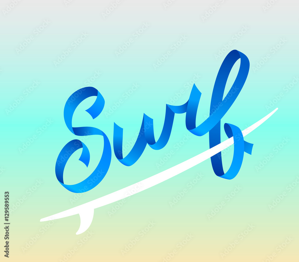 Obraz premium Surfing logo. Surf calligraphy, typography element, t-shirt graphics. Vector illustration. Volumetric letters