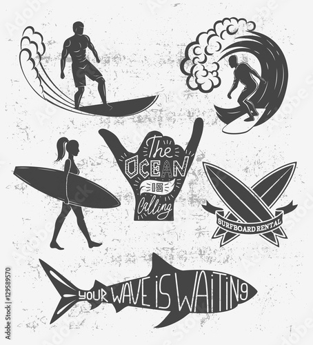 Set of surfing vintage design elements. Surf logo vector illustration. Surfboard logotypes. Retro style